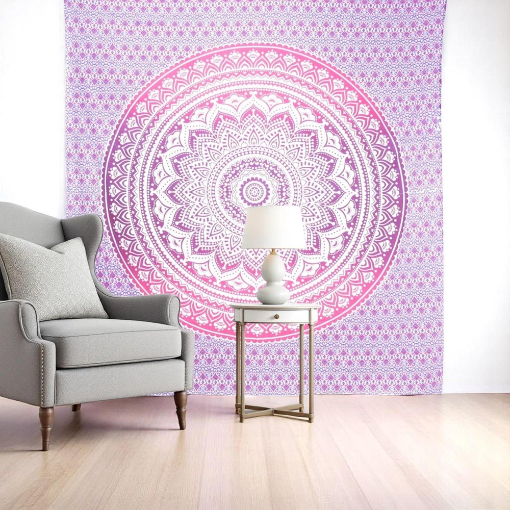 92" X 84" Pink And White Mandala Cotton Hanging Tapestry