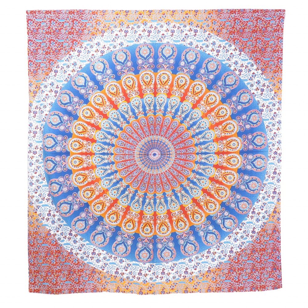 92" X 84" Orange Blue And Yellow Mandala Cotton Hanging Tapestry