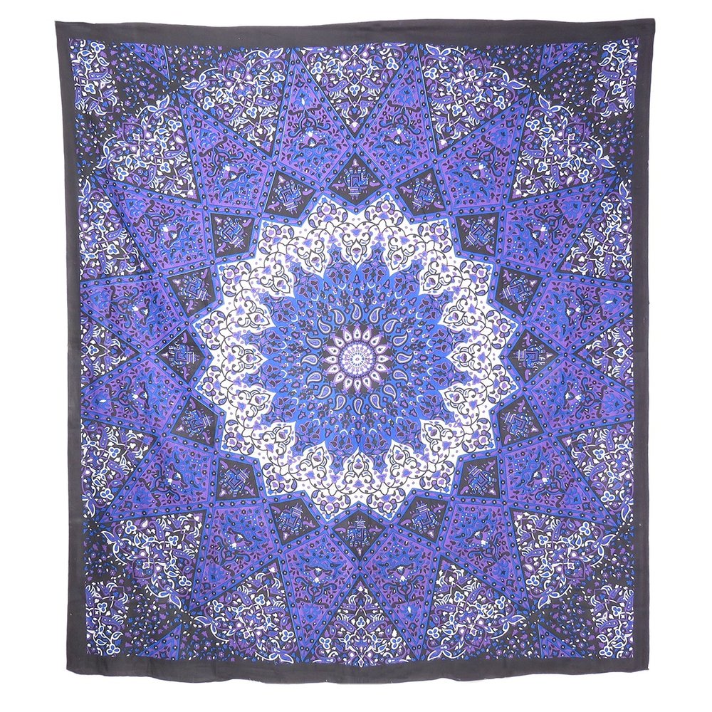 92" X 84" Purple Black And White Mandala Cotton Hanging Tapestry