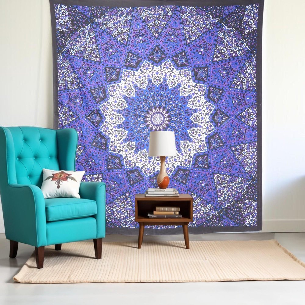 92" X 84" Purple Black And White Mandala Cotton Hanging Tapestry