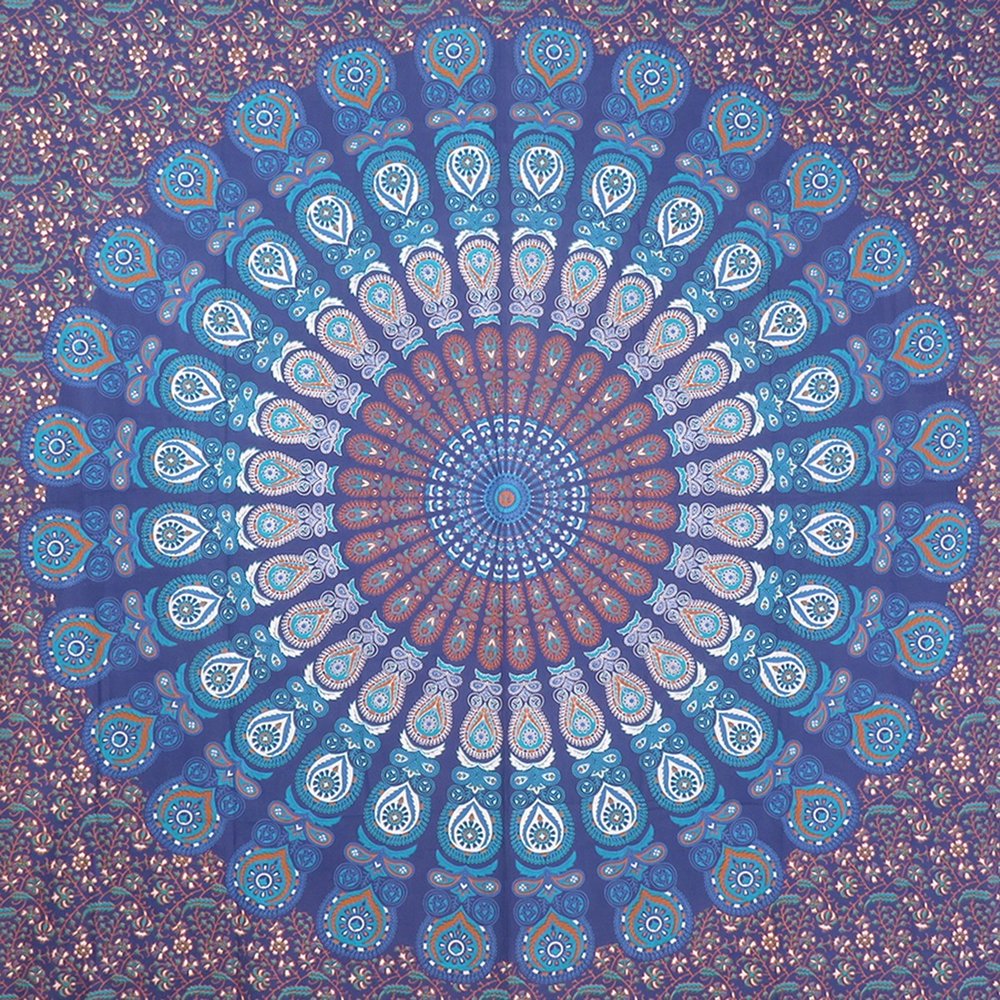 92" X 84" Navy Blue Ivory And Brown Mandala Cotton Hanging Tapestry