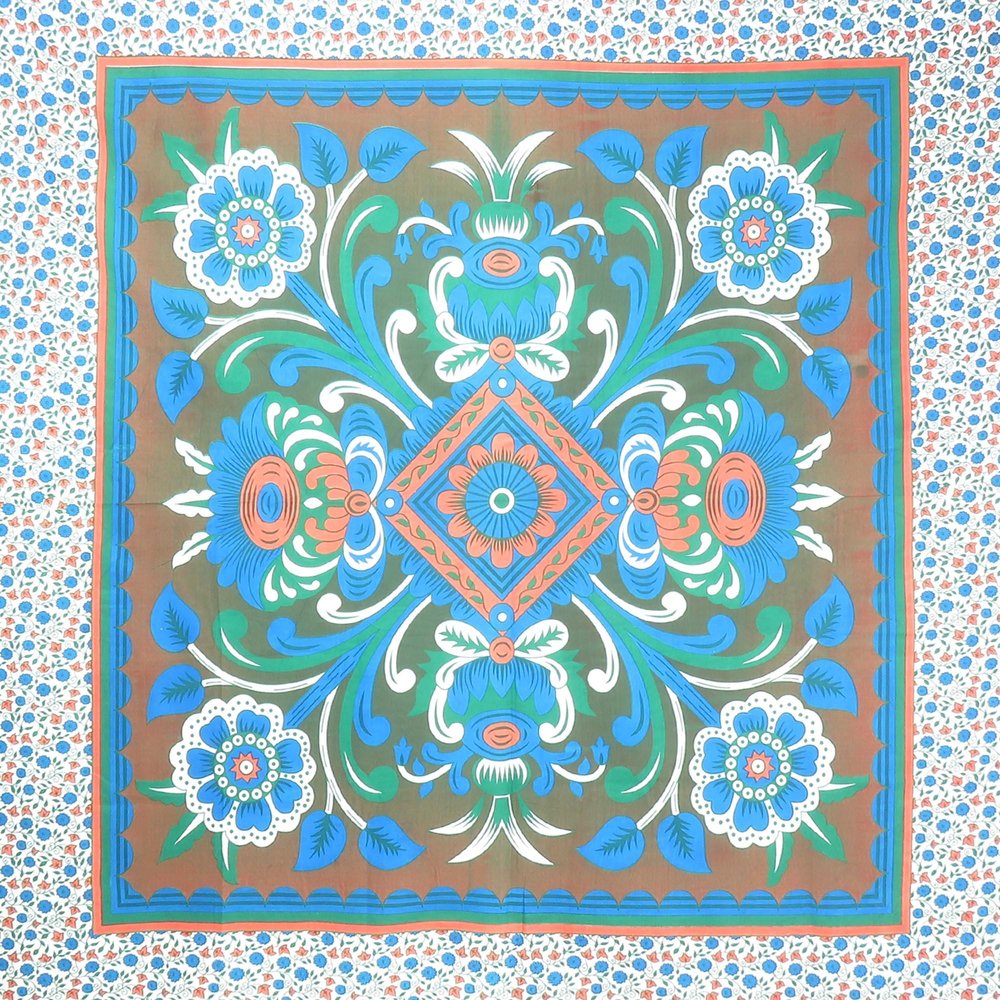 88" X 84" Brown Blue And White Floral Cotton Hanging Tapestry