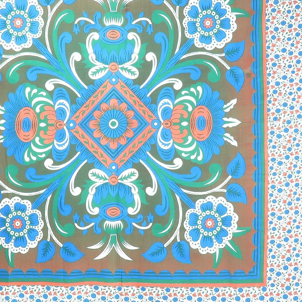 88" X 84" Brown Blue And White Floral Cotton Hanging Tapestry