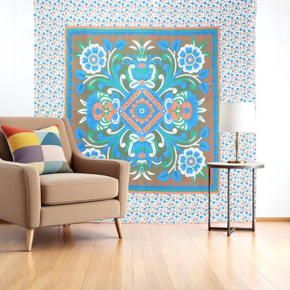 88" X 84" Brown Blue And White Floral Cotton Hanging Tapestry
