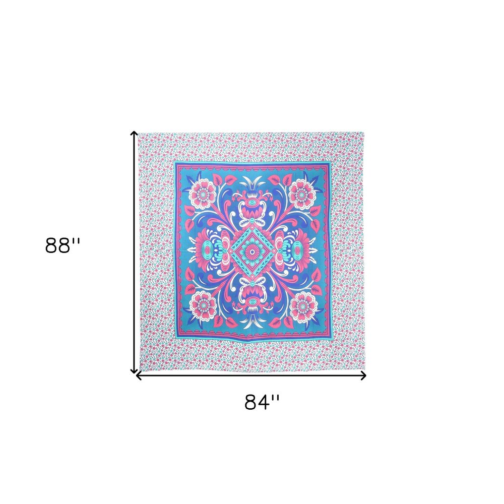 88" X 84" Blue Red And White Floral Cotton Hanging Tapestry