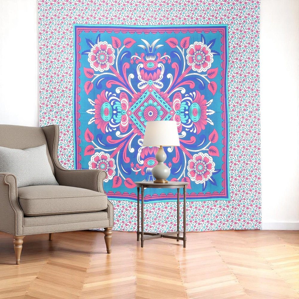 88" X 84" Blue Red And White Floral Cotton Hanging Tapestry