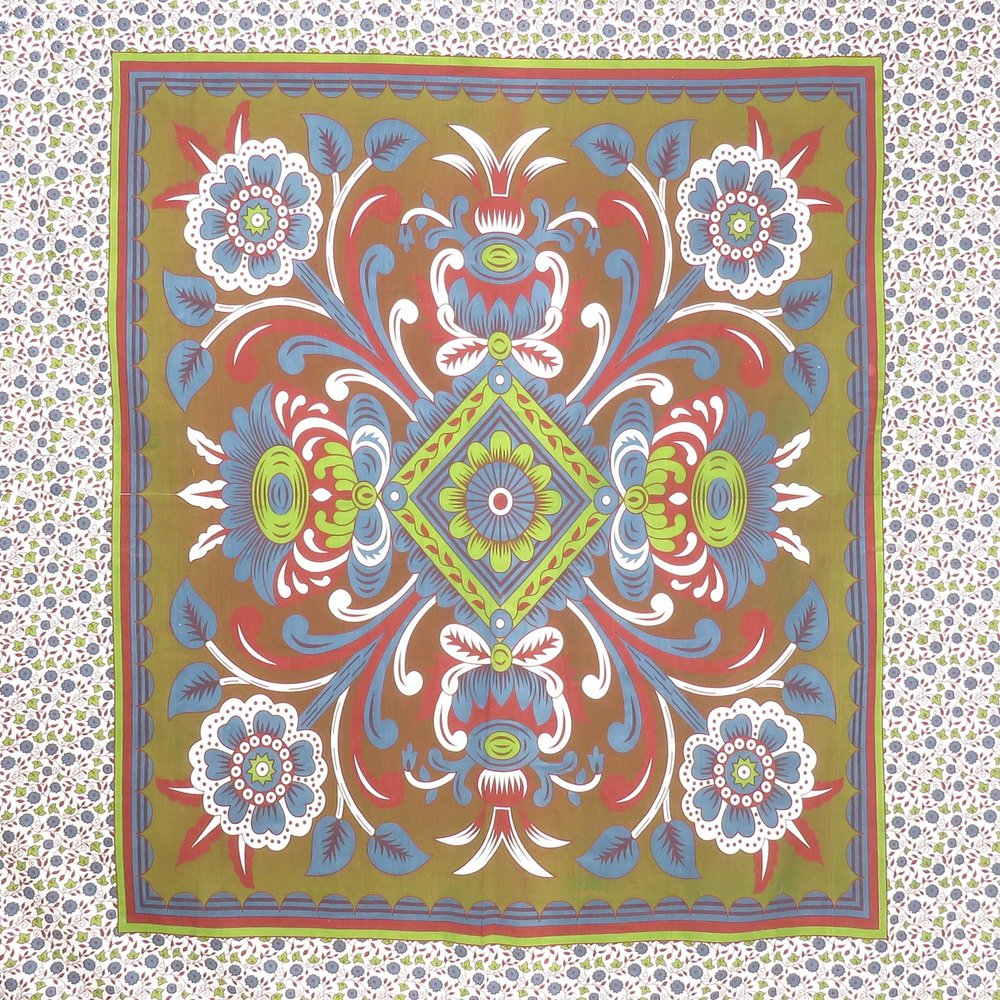 88" X 84" Green Red And White Floral Cotton Hanging Tapestry