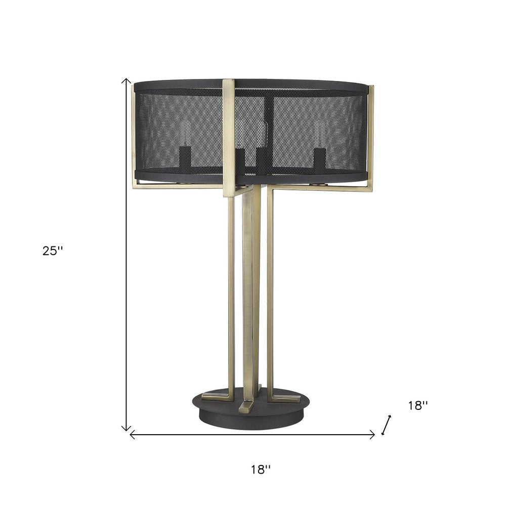 25" Brass Metal Four Light Geometric Table Lamp With Black Drum Shade