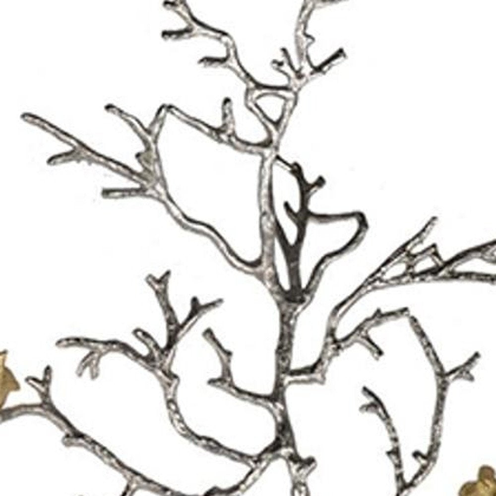 44" Silver And Gold Aluminum Branches And Birds Hanging Dimensional Sculpture