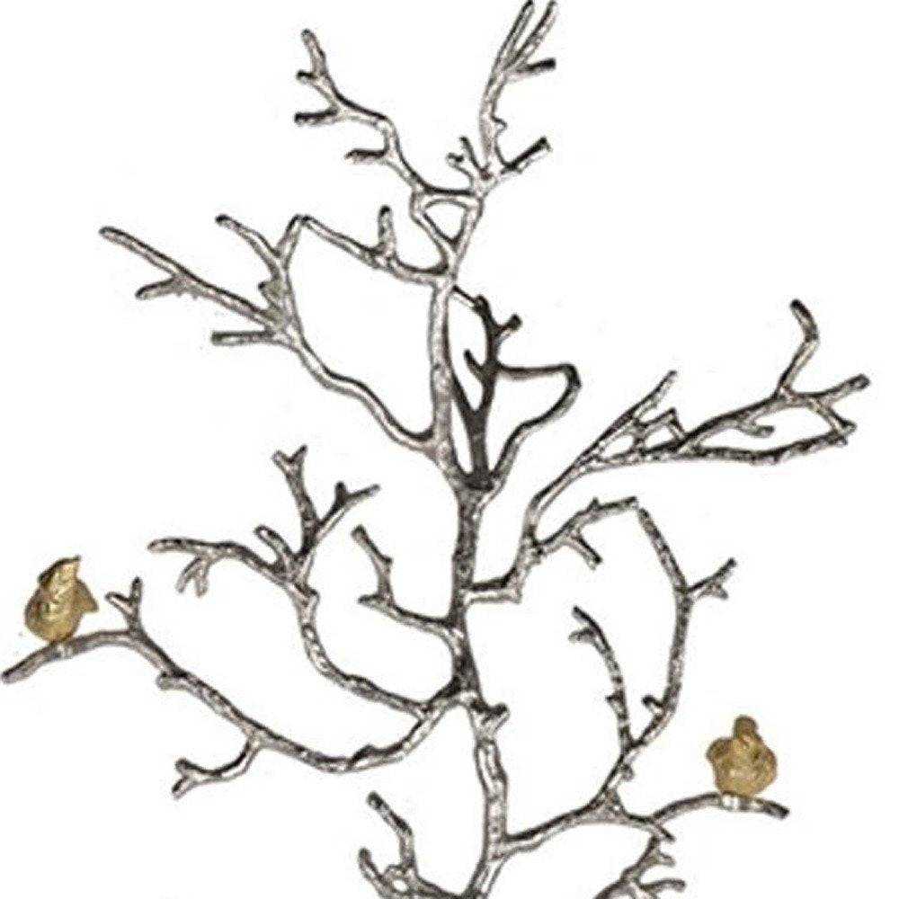 44" Silver And Gold Aluminum Branches And Birds Hanging Dimensional Sculpture