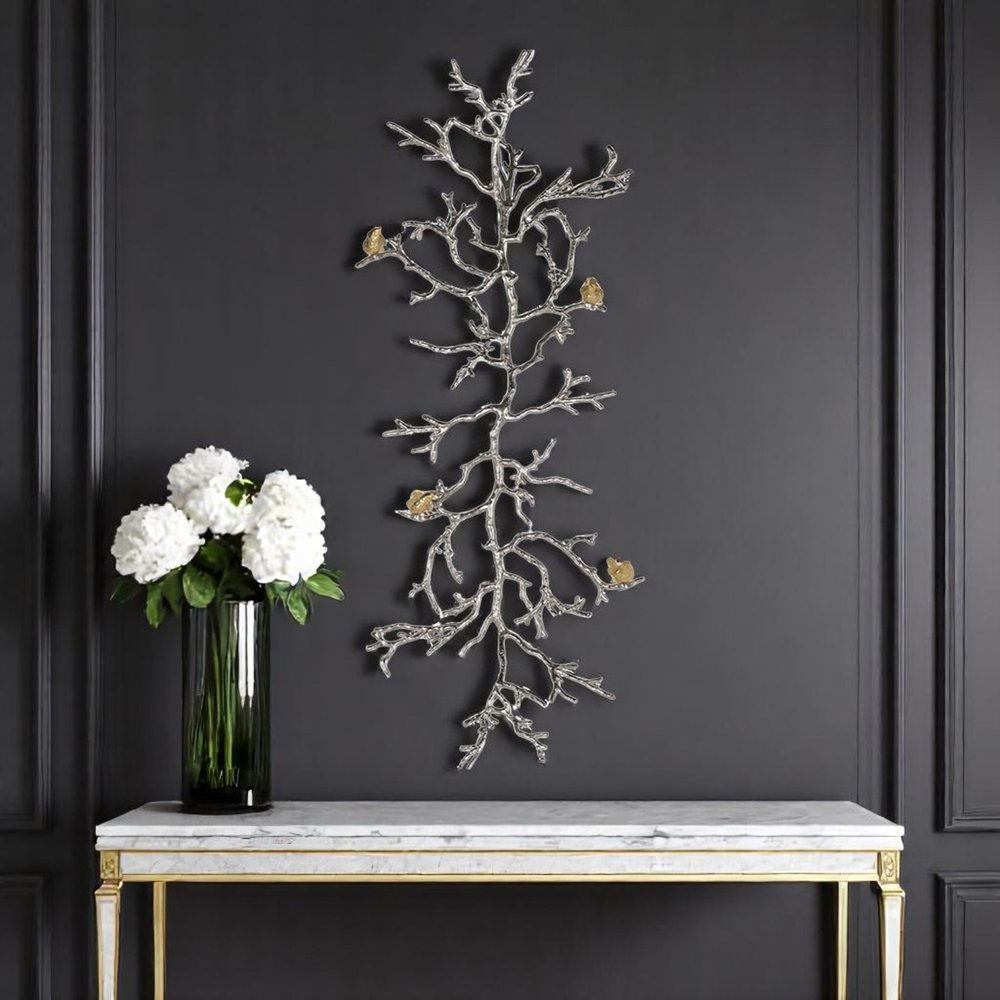 44" Silver And Gold Aluminum Branches And Birds Hanging Dimensional Sculpture