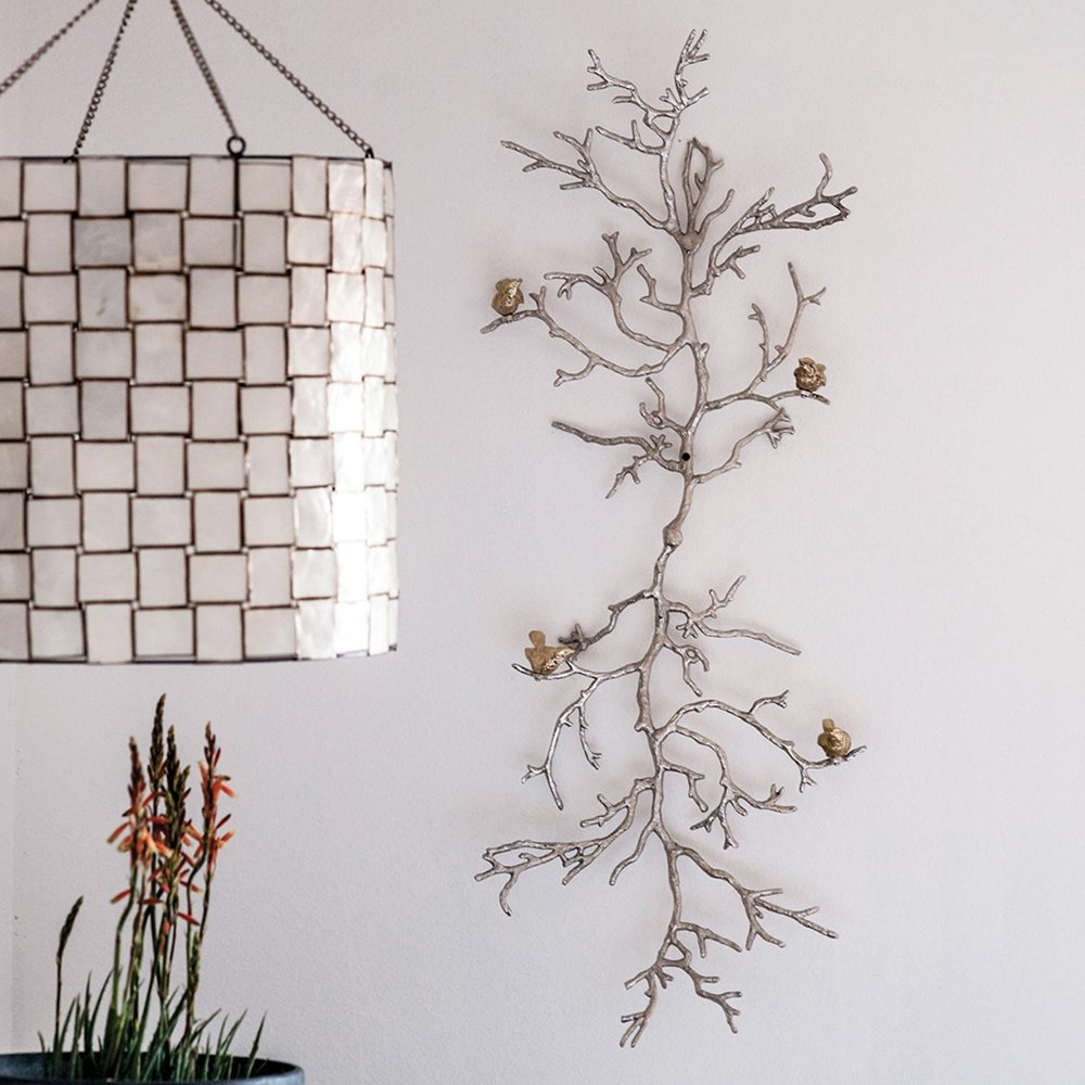 44" Silver And Gold Aluminum Branches And Birds Hanging Dimensional Sculpture