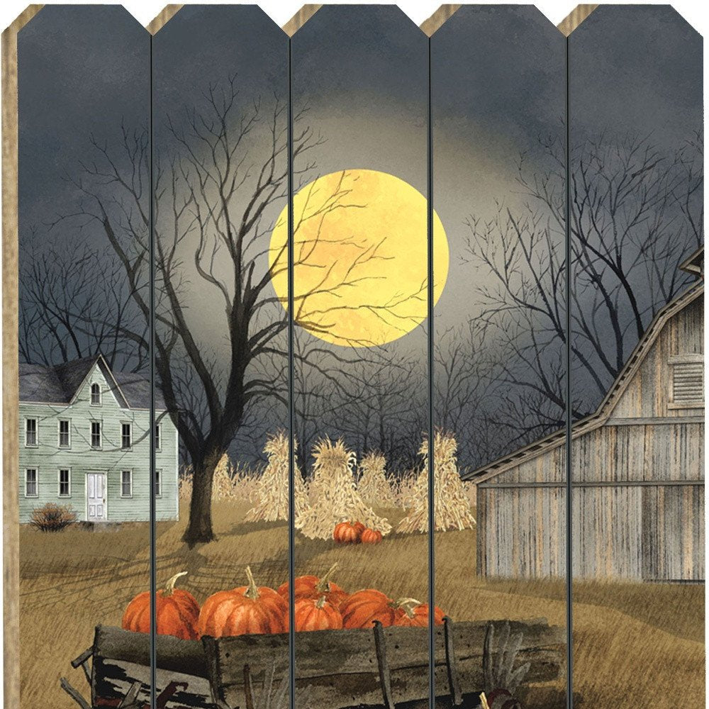 20" X 15" Black And Orange Wood Plank Autumn Harvest Moon Hanging Dimensional Sculpture