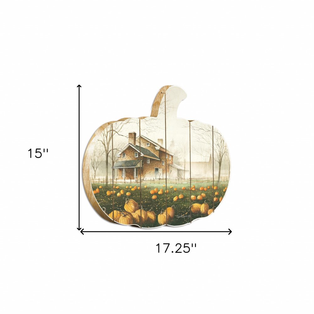 15" X 17" Green And Ivory Pumpkin Wood Plank Hanging Wall Decor