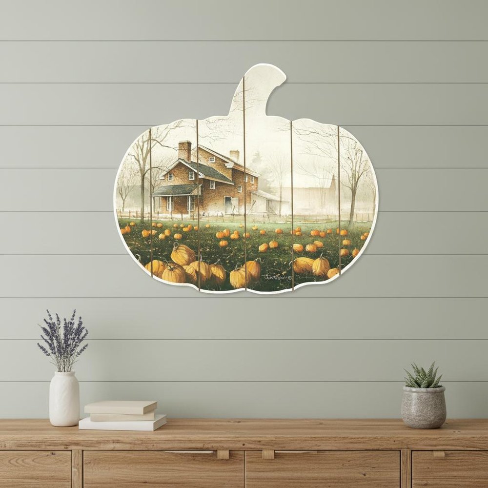 15" X 17" Green And Ivory Pumpkin Wood Plank Hanging Wall Decor
