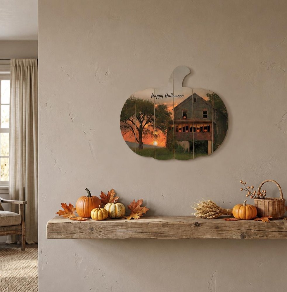15" X 17" Black And Orange Wood Happy Halloween Pumpkin Hanging Dimensional Sculpture