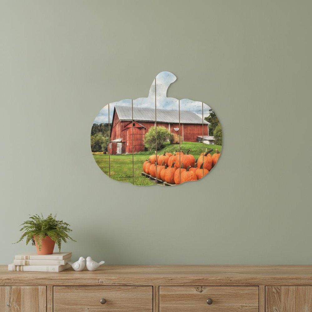 15" X 17" Green Orange And Red Pumpkin Wood Plank Hanging Wall Decor