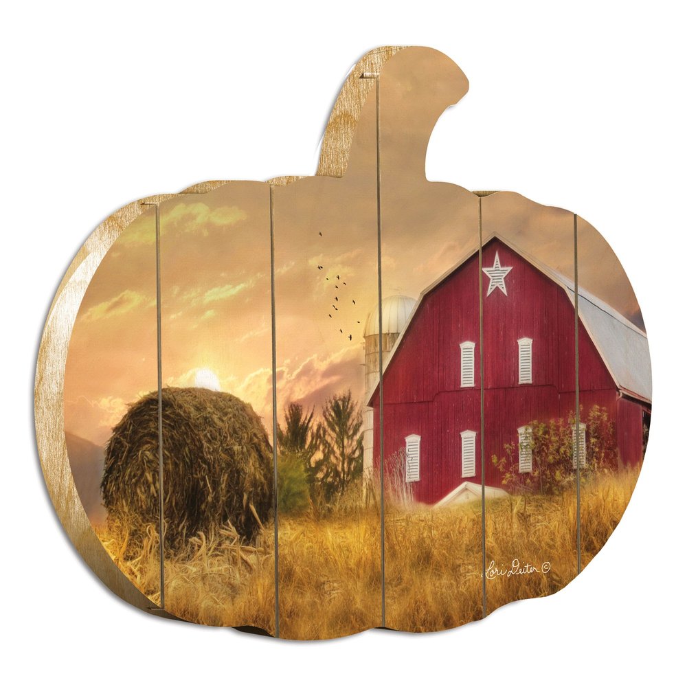 15" X 17" Green Light Yellow And Red Pumpkin Wood Plank Hanging Wall Decor