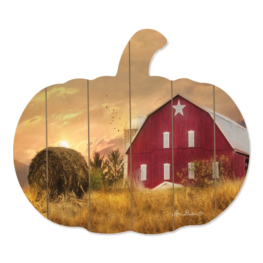 15" X 17" Green Light Yellow And Red Pumpkin Wood Plank Hanging Wall Decor