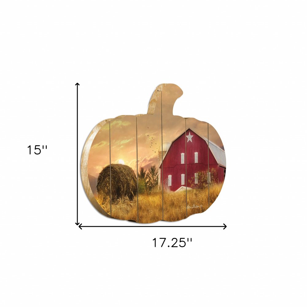15" X 17" Green Light Yellow And Red Pumpkin Wood Plank Hanging Wall Decor