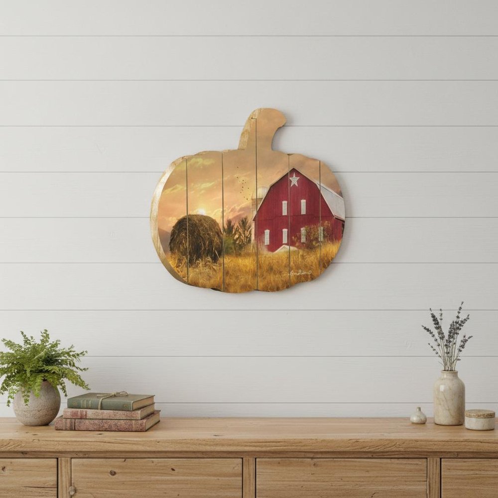 15" X 17" Green Light Yellow And Red Pumpkin Wood Plank Hanging Wall Decor