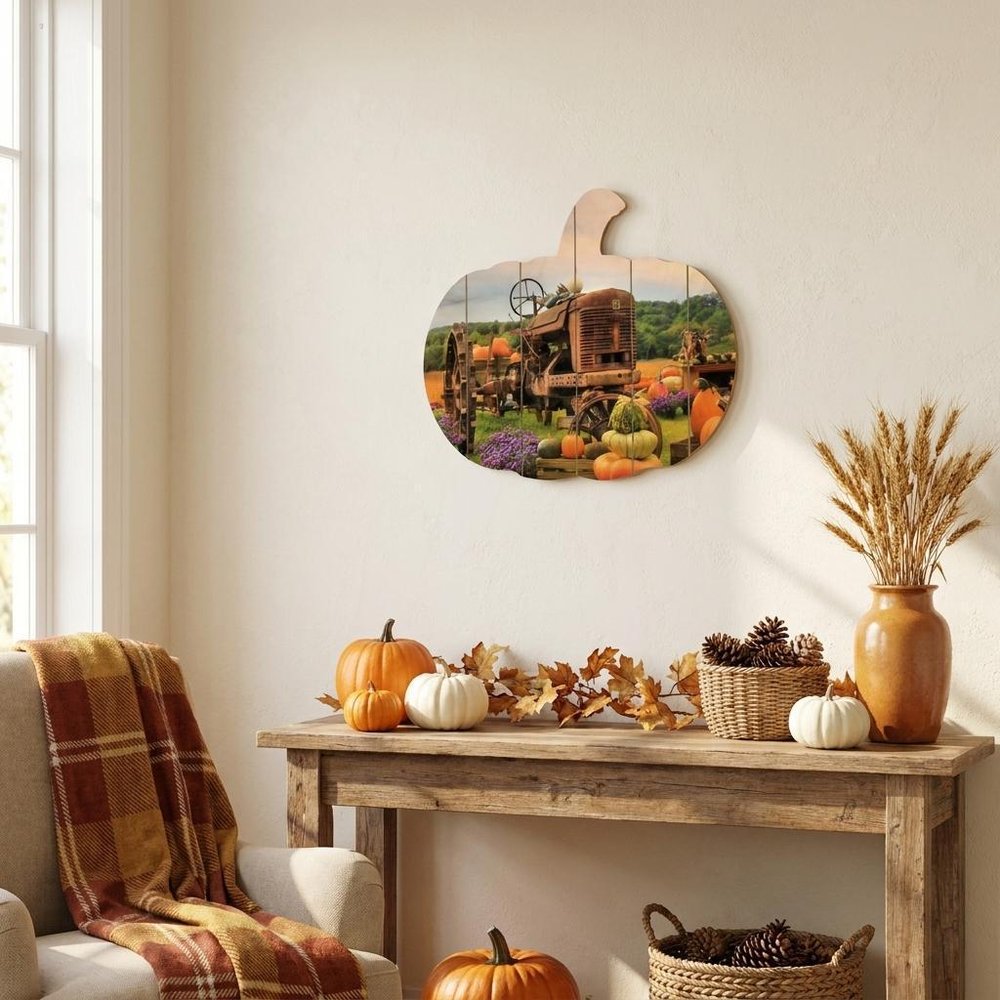 15" X 17" Green Orange And Purple Pumpkin, Vegetables Wood Hanging Dimensional Sculpture