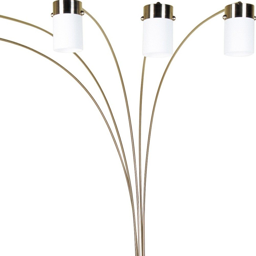 84" Gold And White Five Light Arched Floor Lamp With White Acrylic Drum Shade