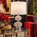24" Chrome and Faux Crystal Double Orb Table Lamp With White Classic Drum Shade