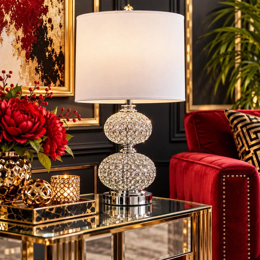 24" Chrome and Faux Crystal Double Orb Table Lamp With White Classic Drum Shade