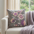 18" Taupe and Purple Cotton Throw Pillow With Embroidery