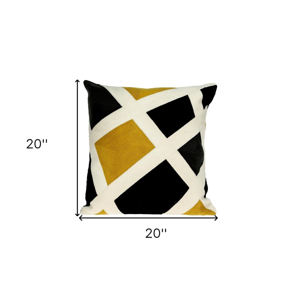 20" Black White And Yellow Cotton Throw Pillow