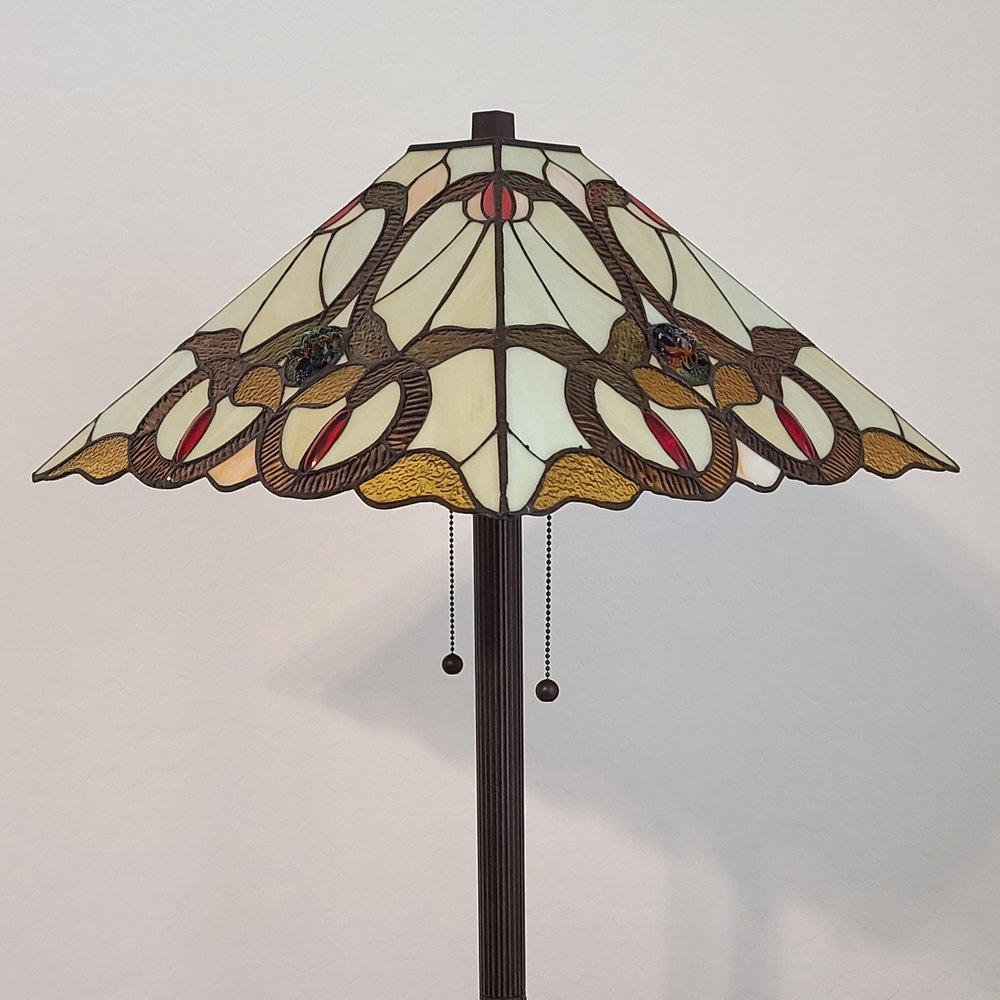 62" Beige Two Light Floor Lamp With Brown And White Glass Cone Shade