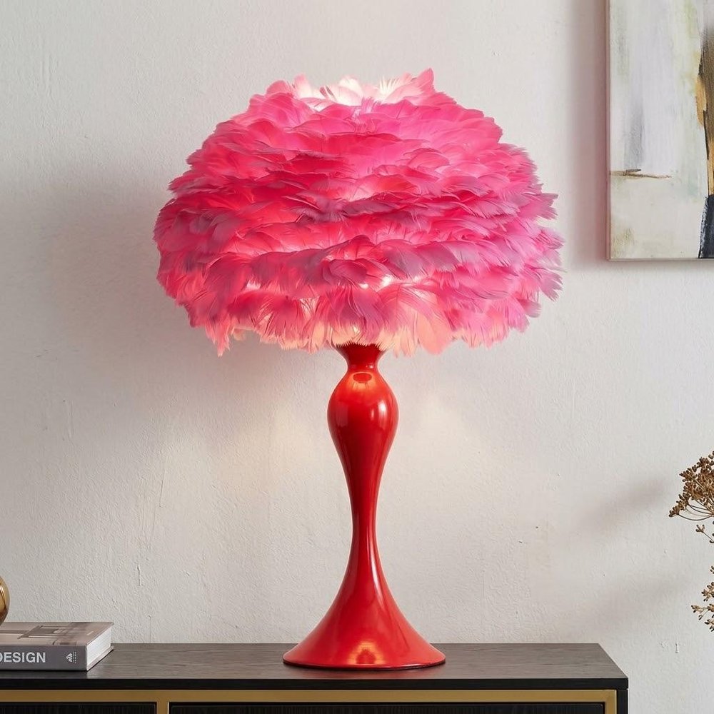 24" Glam Hot Pink Feather and Red Table Lamp
