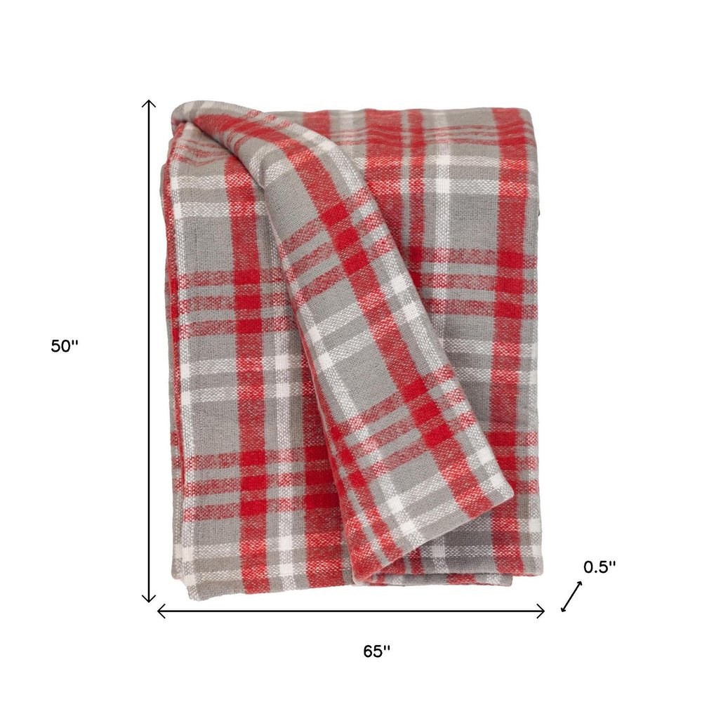Red Woven Cotton Plaid Throw Blanket