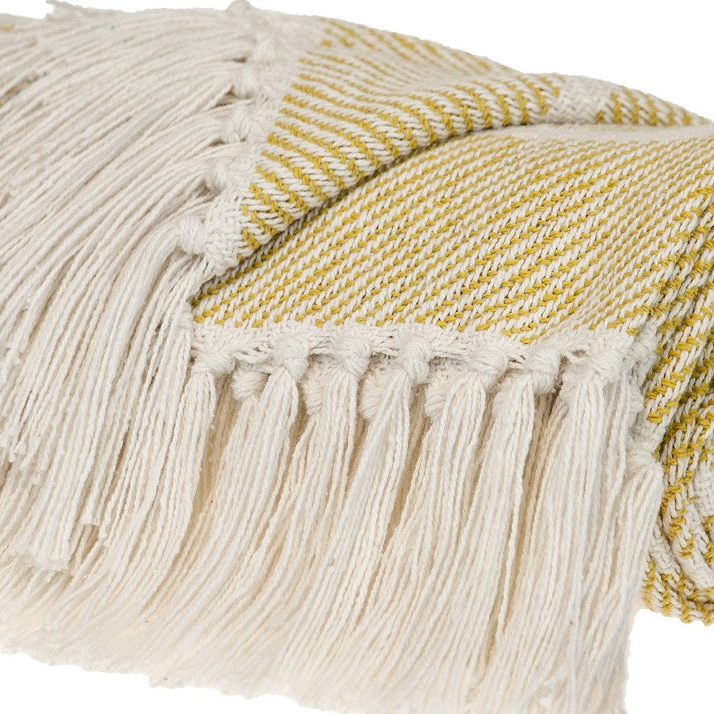 50" X 60" White And Yellow Striped Cotton Woven Throw Blanket
