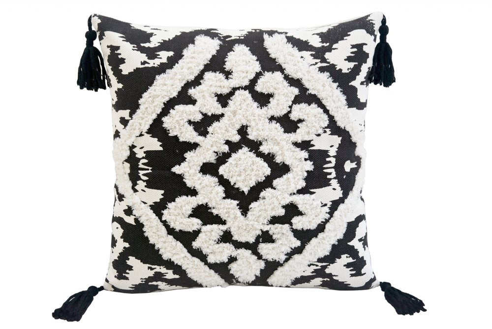 17" Black and White Throw Pillow with Tassels