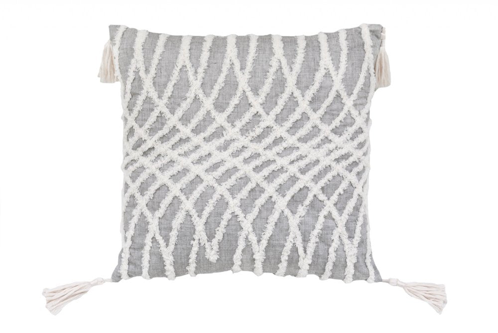 17" Gray and White Throw Pillow with Tassels