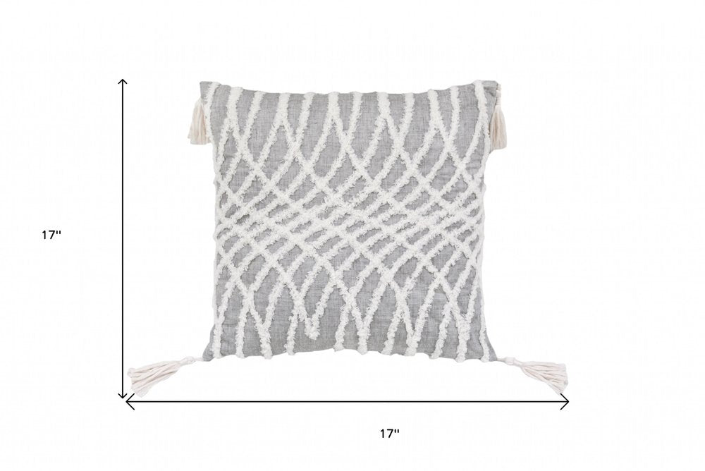 17" Gray and White Throw Pillow with Tassels