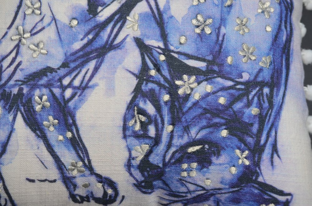 18" X 18" Blue And White Abstract Cat Throw Pillow With Pom Poms