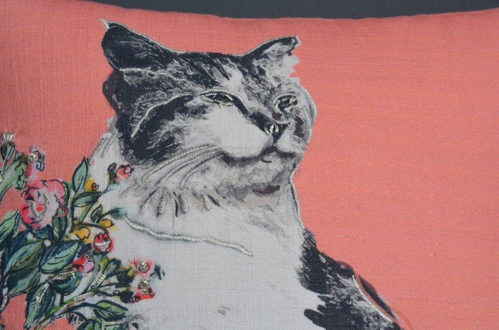 18" X 18" Pink Cat Zippered Handmade Cotton Blend Throw Pillow With Pom Poms