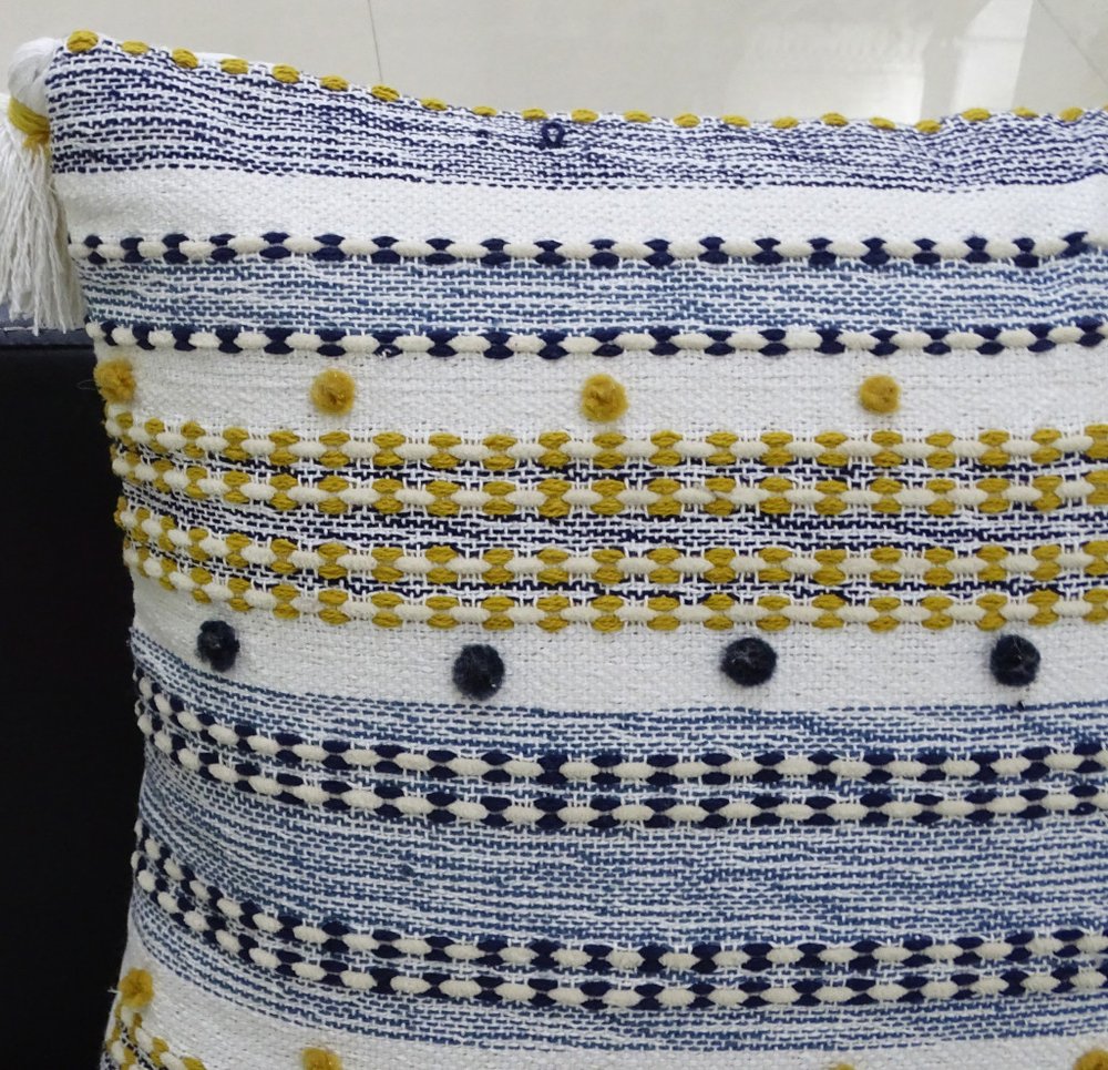 20" X 20" Blue And Gold Striped Handmade Throw Pillow With Tassels