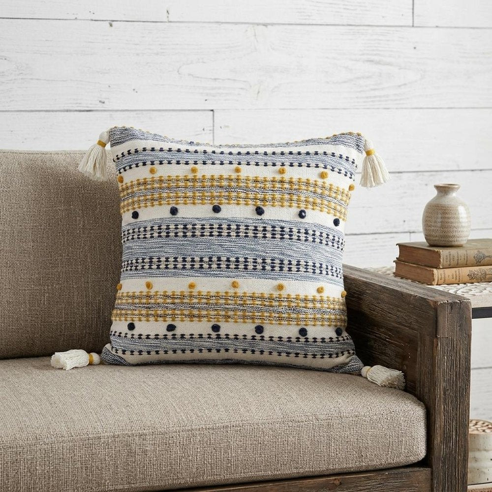 20" X 20" Blue And Gold Striped Handmade Throw Pillow With Tassels