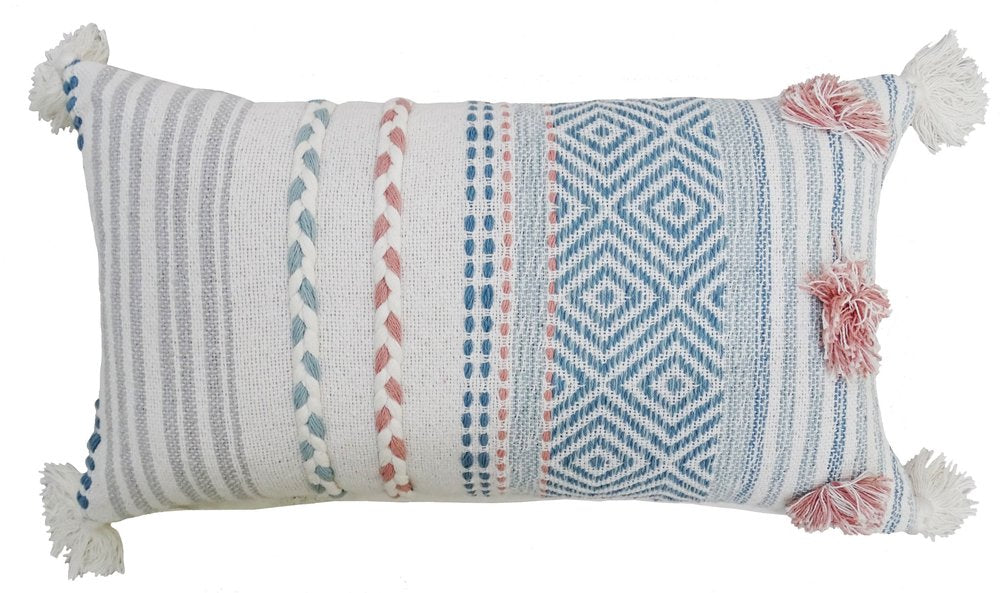 14" X 24" Blue And Pink Ribbed Zippered Handmade Cotton Blend Throw Pillow With Tassels