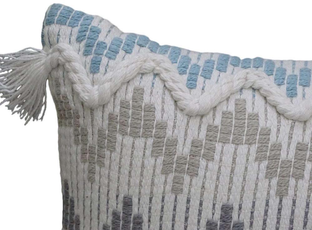 14" X 24" White Gray and Blue Chevron Cotton Lumbar Throw Pillow With Tassels and Texture