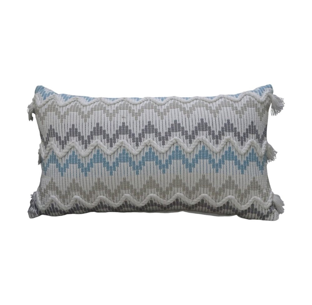 14" X 24" White Gray and Blue Chevron Cotton Lumbar Throw Pillow With Tassels and Texture