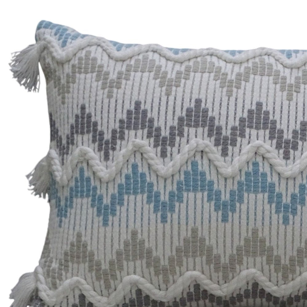 14" X 24" White Gray and Blue Chevron Cotton Lumbar Throw Pillow With Tassels and Texture