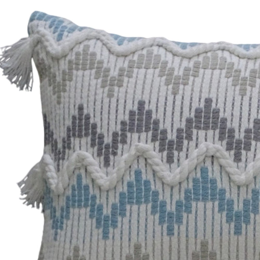14" X 24" White Gray and Blue Chevron Cotton Lumbar Throw Pillow With Tassels and Texture