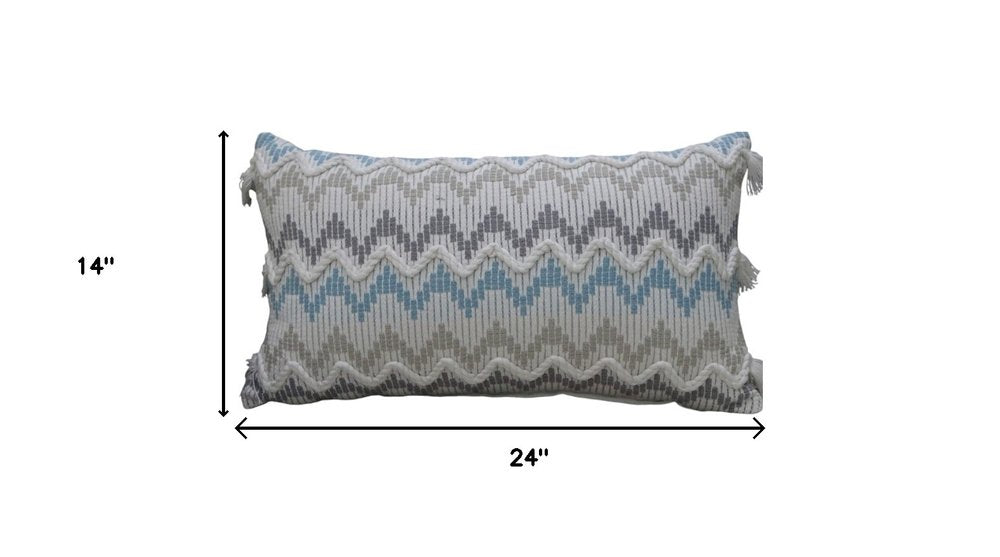 14" X 24" White Gray and Blue Chevron Cotton Lumbar Throw Pillow With Tassels and Texture