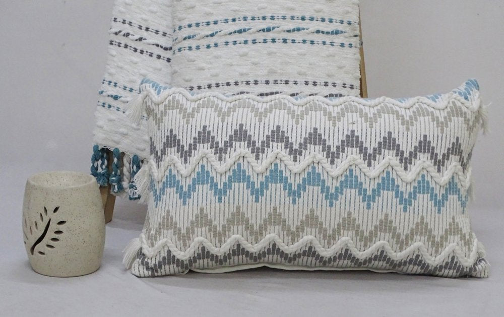 14" X 24" White Gray and Blue Chevron Cotton Lumbar Throw Pillow With Tassels and Texture