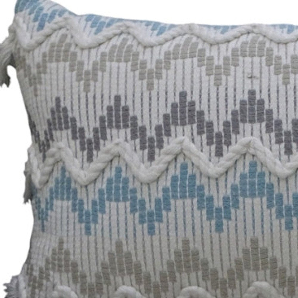 14" X 24" White Gray and Blue Chevron Cotton Lumbar Throw Pillow With Tassels and Texture
